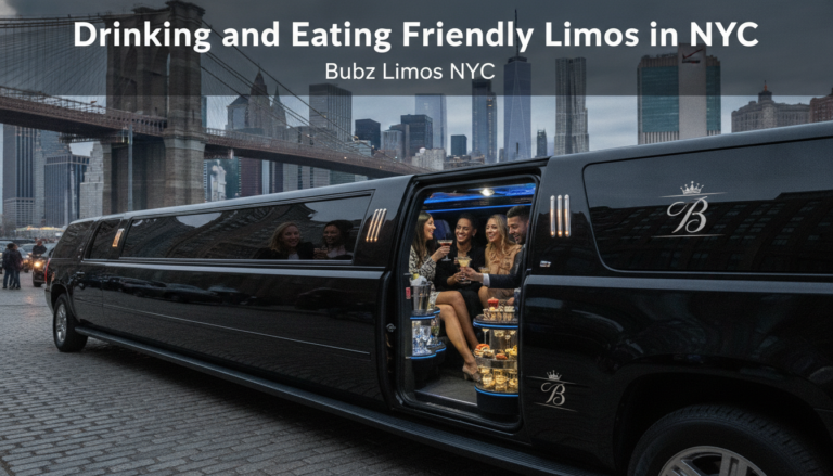 Friends drinking inside a black limousine near Brooklyn Bridge