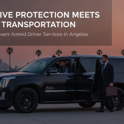 Armed driver beside luxury SUV at sunset in Los Angeles