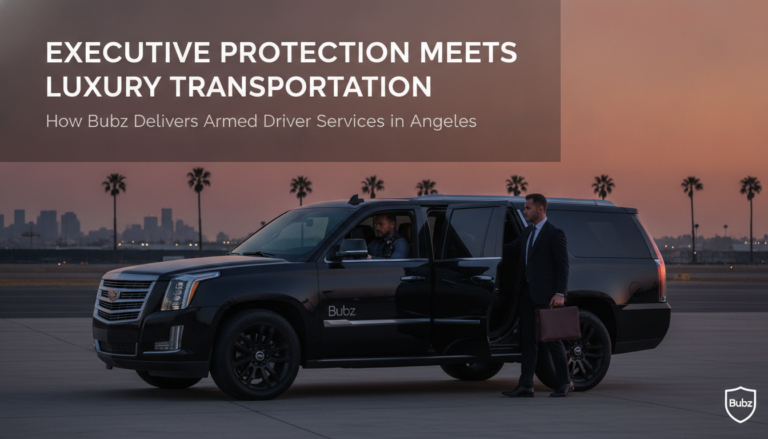 Armed driver beside luxury SUV at sunset in Los Angeles