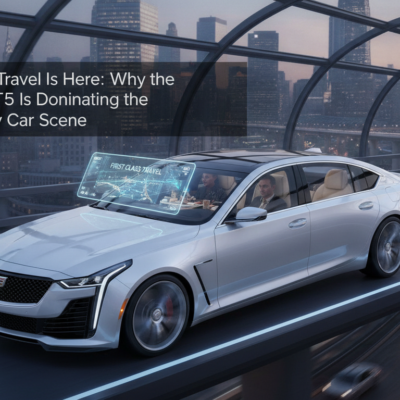 Silver Cadillac CT5 driving through futuristic New York cityscape