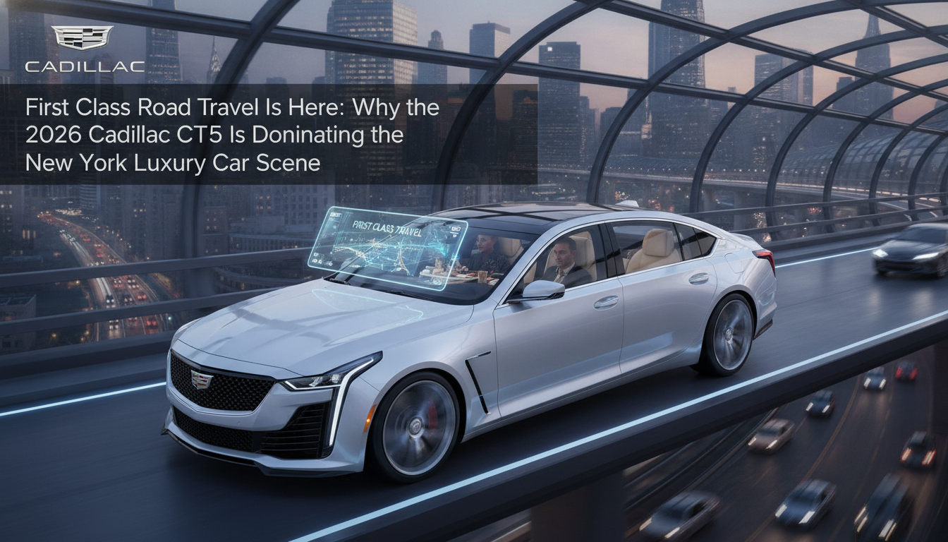 Silver Cadillac CT5 driving through futuristic New York cityscape