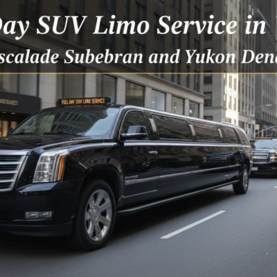 Black Cadillac Escalade limousine driving through York city streets