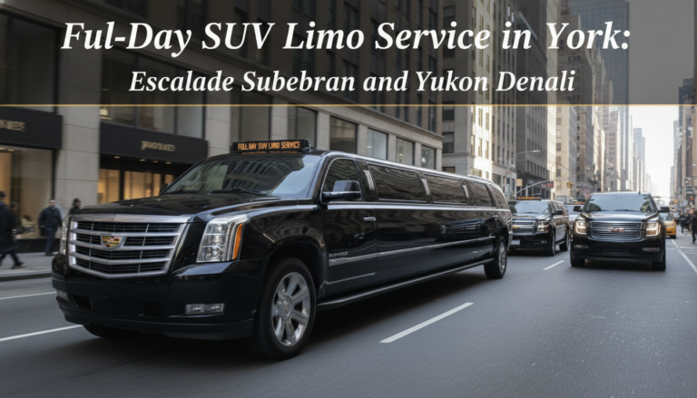 Black Cadillac Escalade limousine driving through York city streets