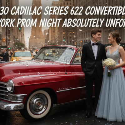Prom couple beside red vintage Cadillac on confetti-covered New York street