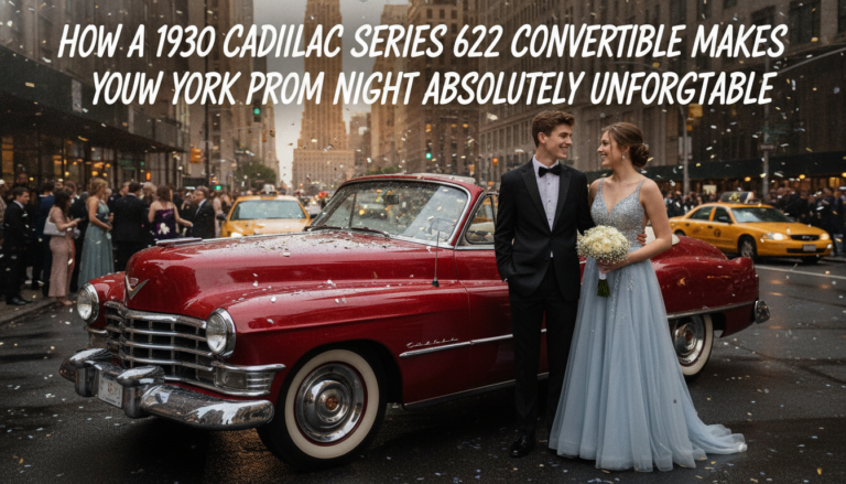 Prom couple beside red vintage Cadillac on confetti-covered New York street