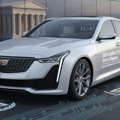 White Cadillac CT5 sedan displayed with digital technology graphics