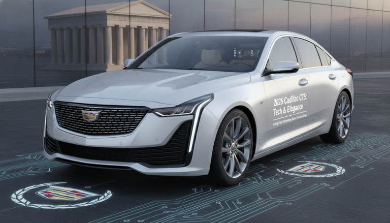 White Cadillac CT5 sedan displayed with digital technology graphics