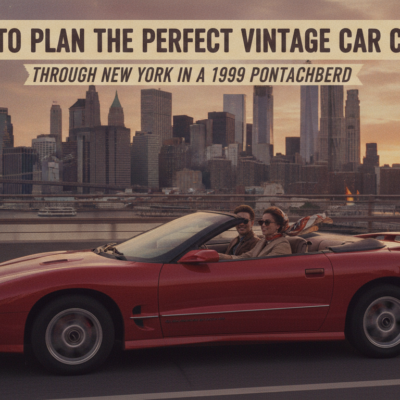 Red convertible cruising past Manhattan skyline at sunset