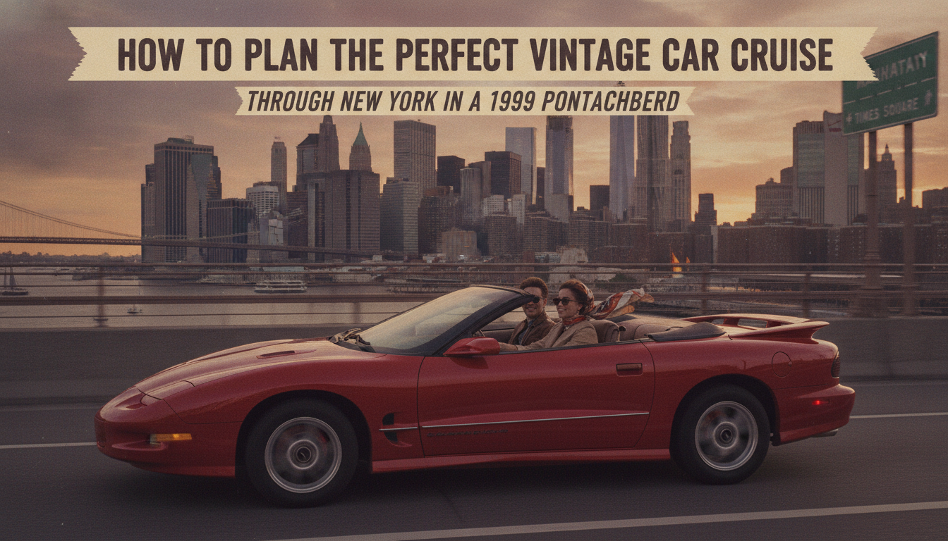 Red convertible cruising past Manhattan skyline at sunset
