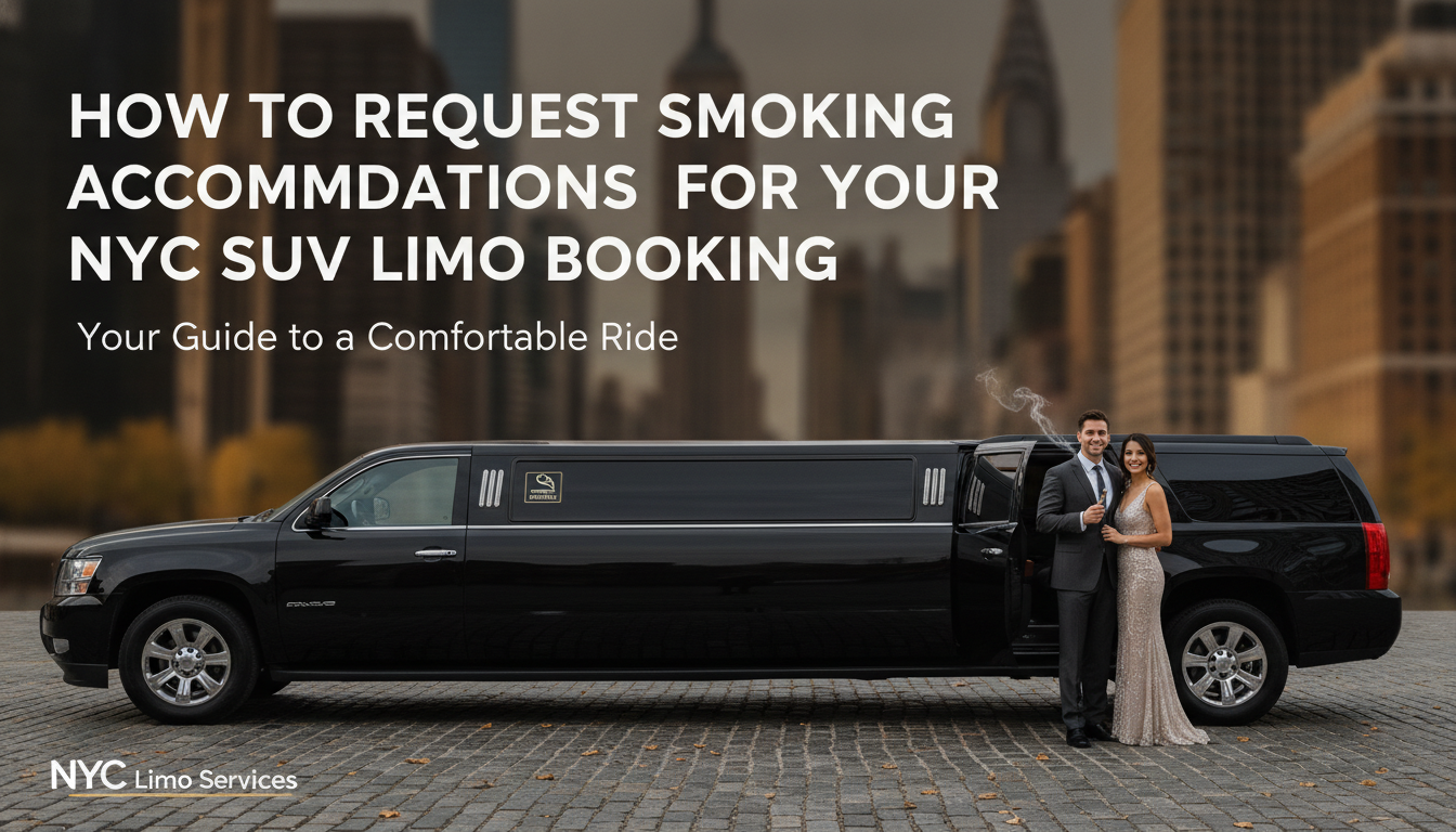 NYC SUV limo beside well-dressed couple with smoking accommodations guide