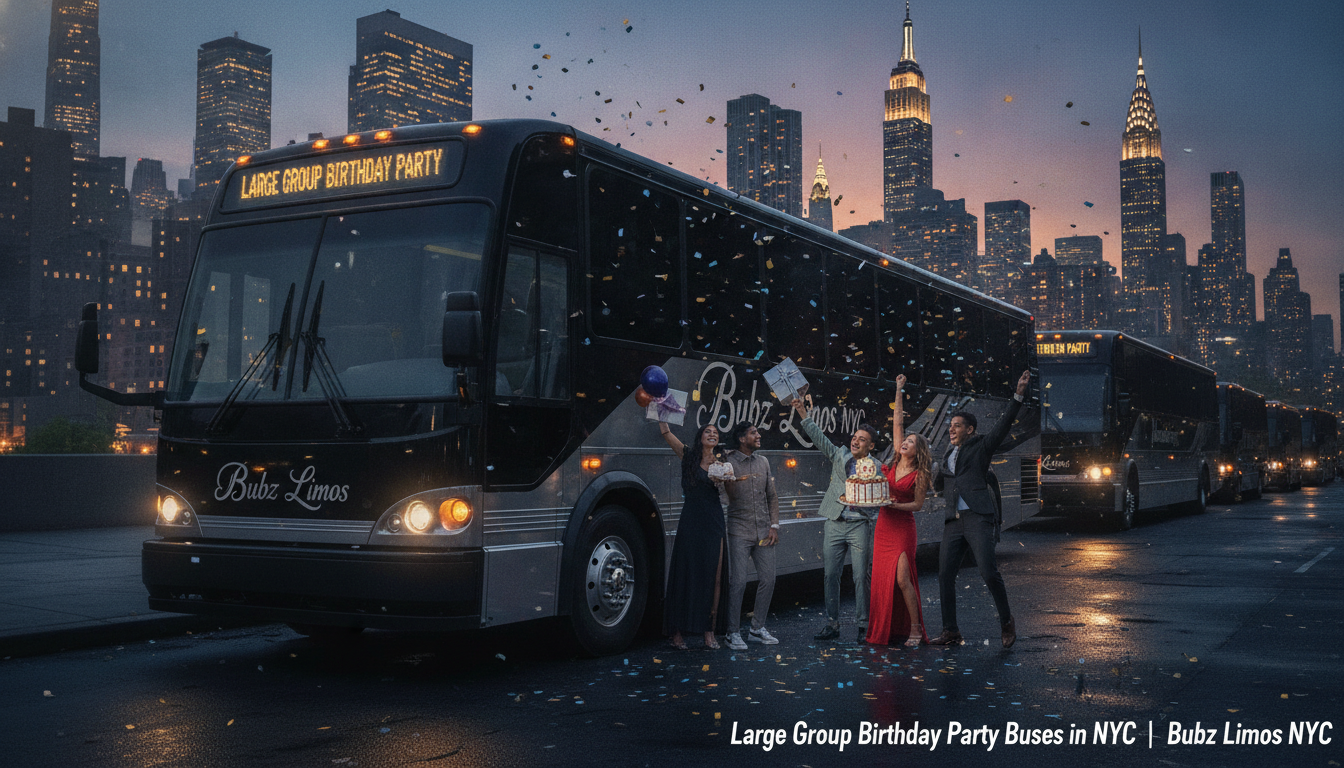 Birthday group celebrates beside party bus in New York City