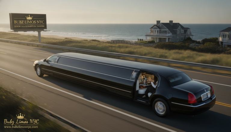 Black stretch limousine driving along an oceanfront road