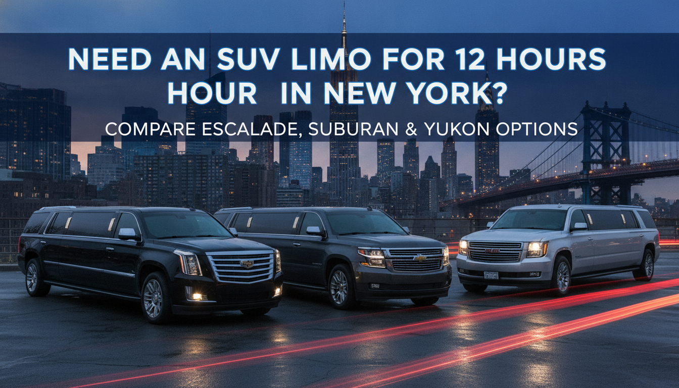 Three SUV limousines against the New York City skyline
