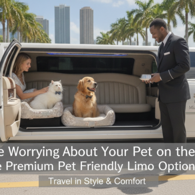 Dogs and owner inside Miami pet-friendly limousine with chauffeur
