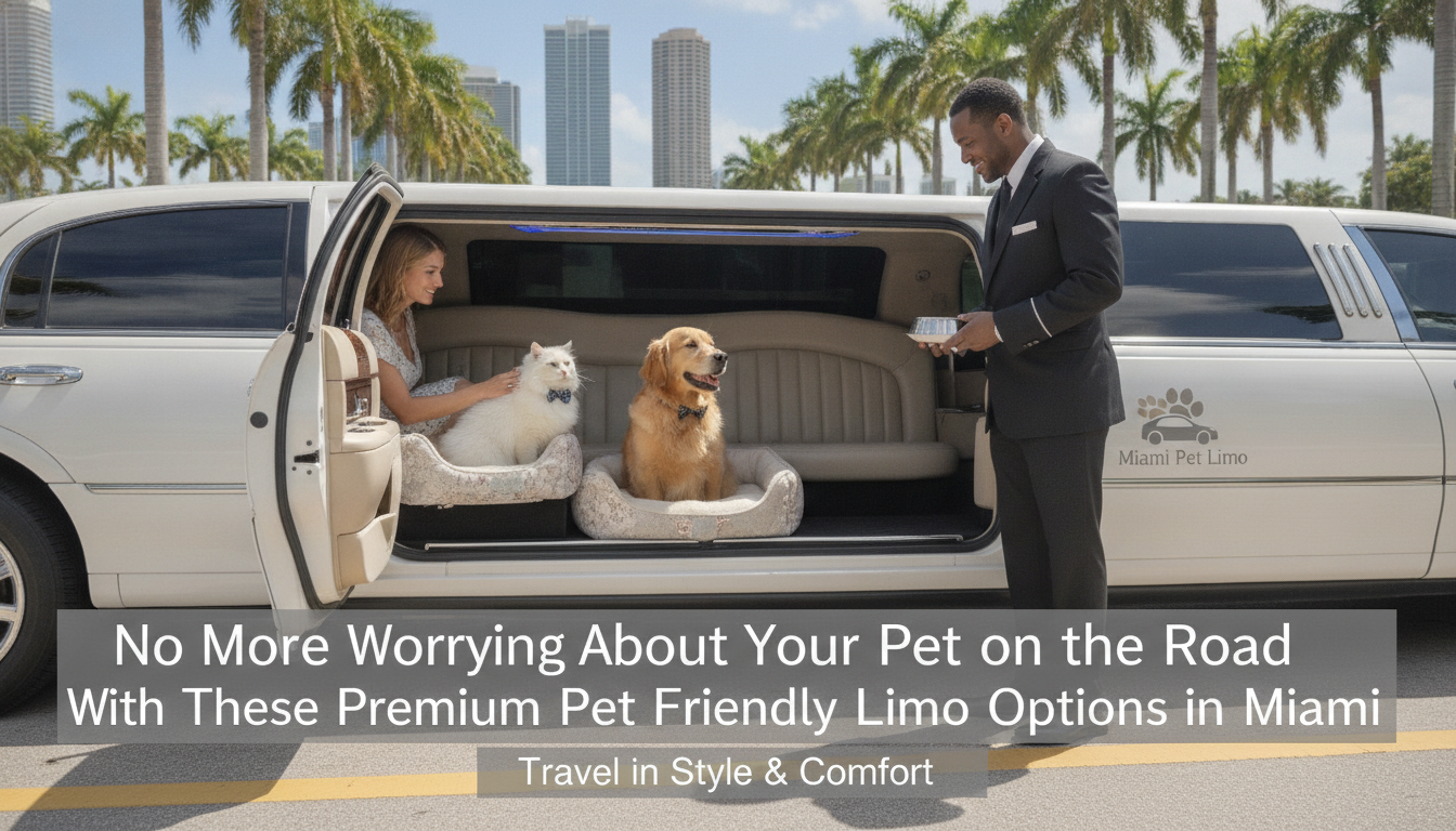 Dogs and owner inside Miami pet-friendly limousine with chauffeur