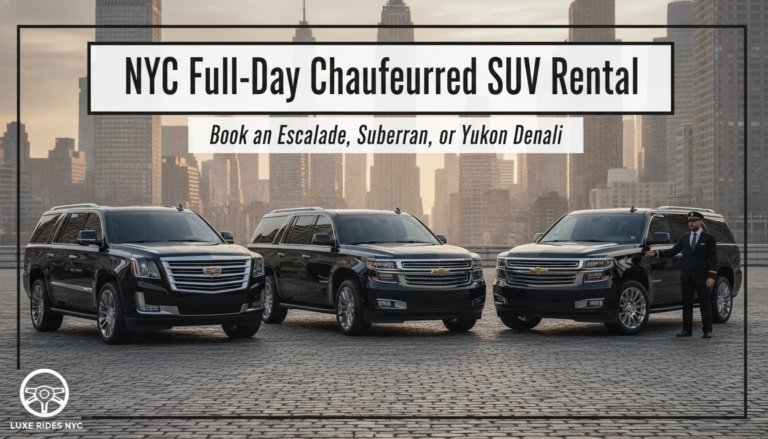NYC chauffeured SUV rental advertisement featuring three black SUVs