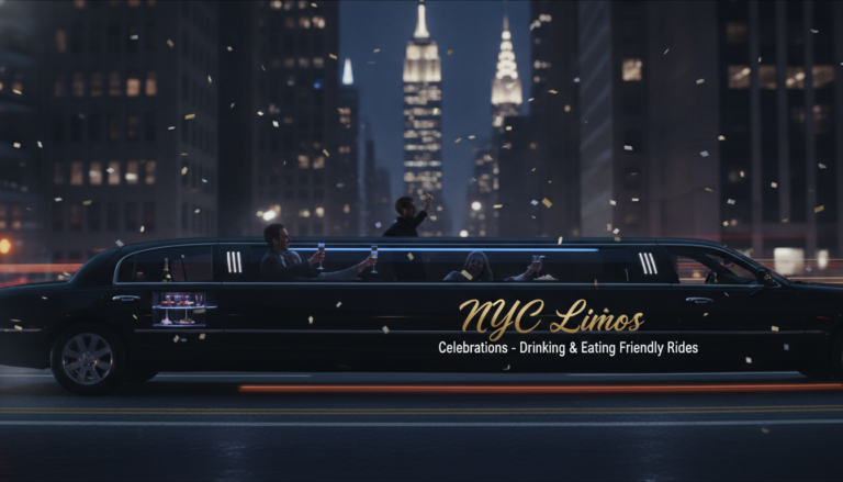 NYC limousine passengers celebrating with champagne amid city confetti