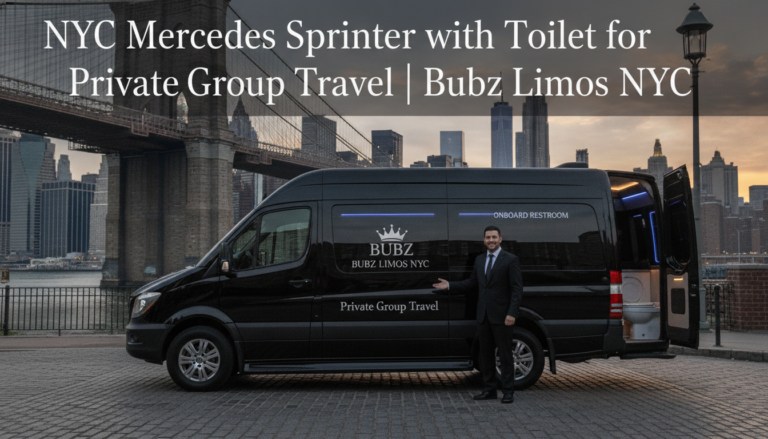 Black Mercedes Sprinter with restroom beside Brooklyn Bridge skyline