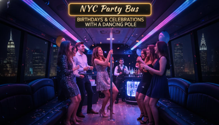 Friends celebrate with dancing pole inside neon-lit NYC party bus.