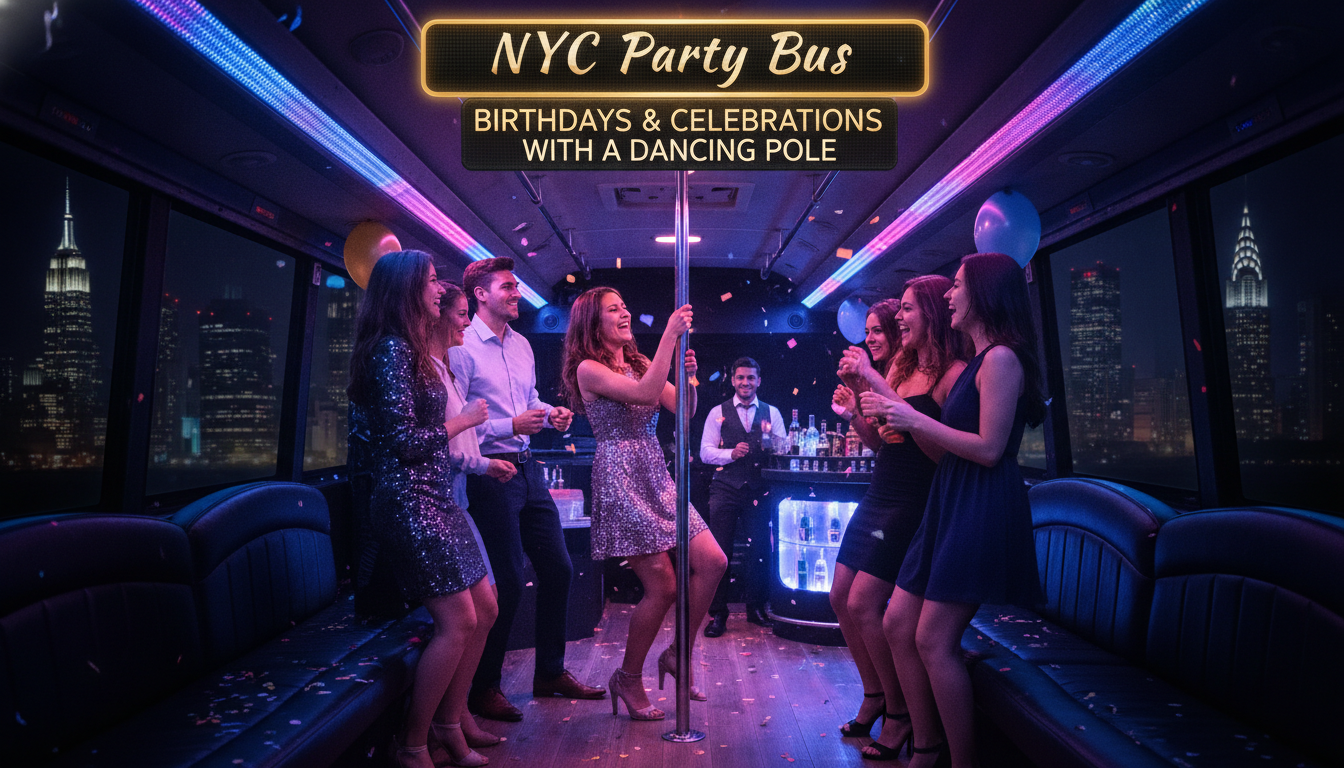 Friends celebrate with dancing pole inside neon-lit NYC party bus.