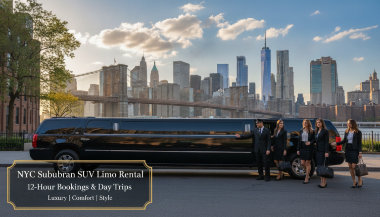 Luxury SUV limo with passengers, Brooklyn Bridge and Manhattan skyline