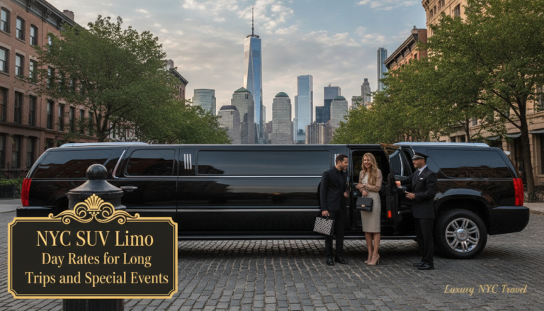 Black SUV limousine in NYC with One World Trade Center