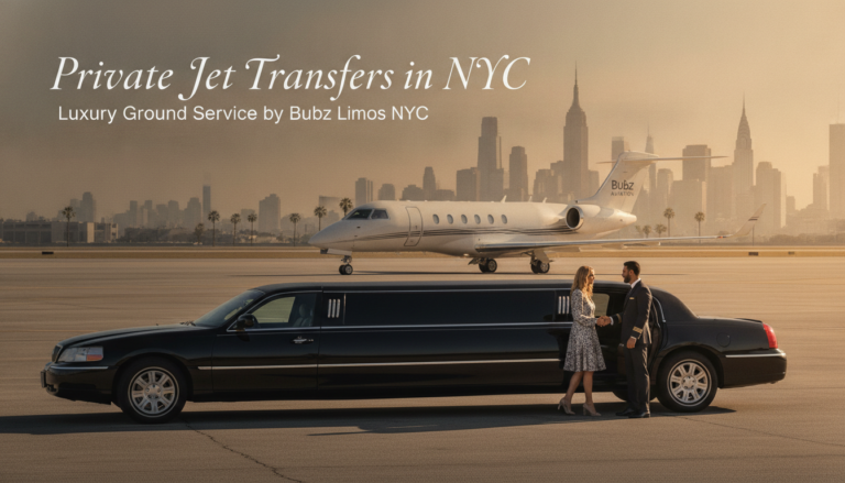 Limousine transfer beside private jet with New York skyline