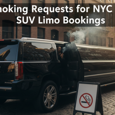 Smoking passenger exits black SUV limo beside no-smoking sign