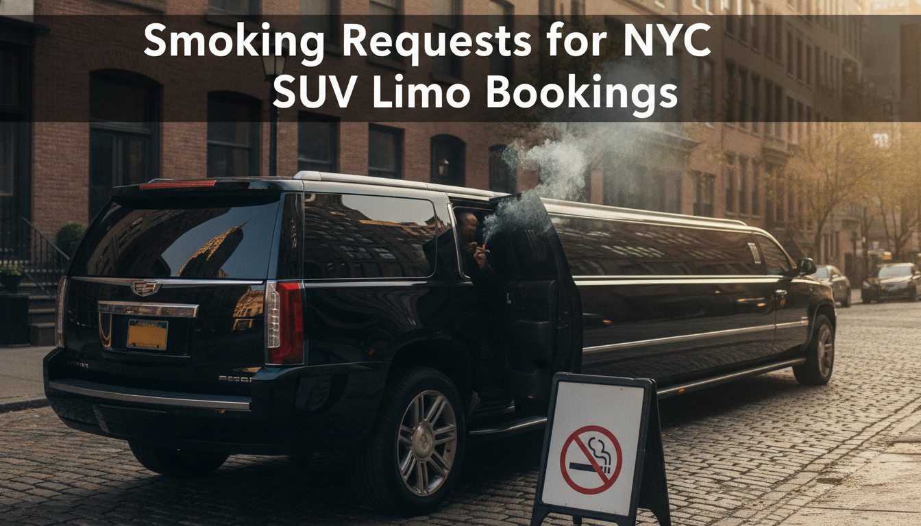 Smoking passenger exits black SUV limo beside no-smoking sign
