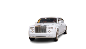White luxury Rolls-Royce sedan viewed from front