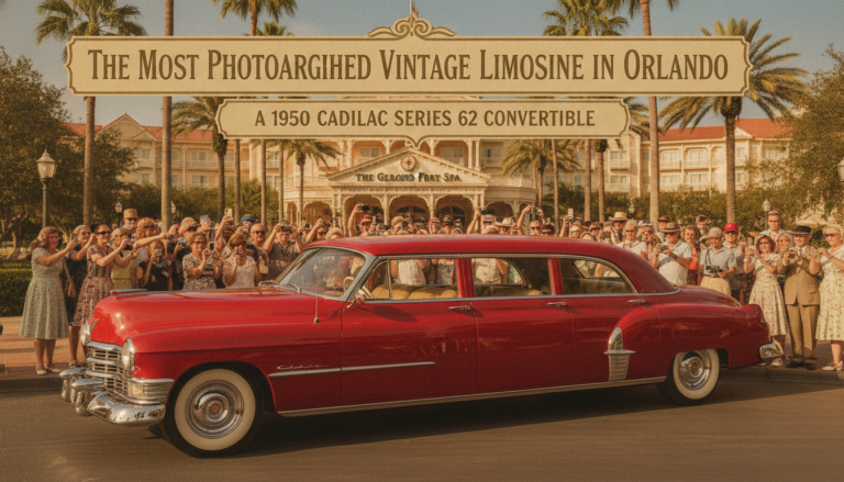 Red 1950 Cadillac limousine before Grand Floridian crowd