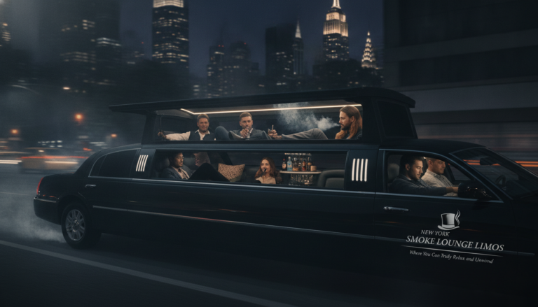 Black limousine carrying passengers through nighttime Manhattan skyline