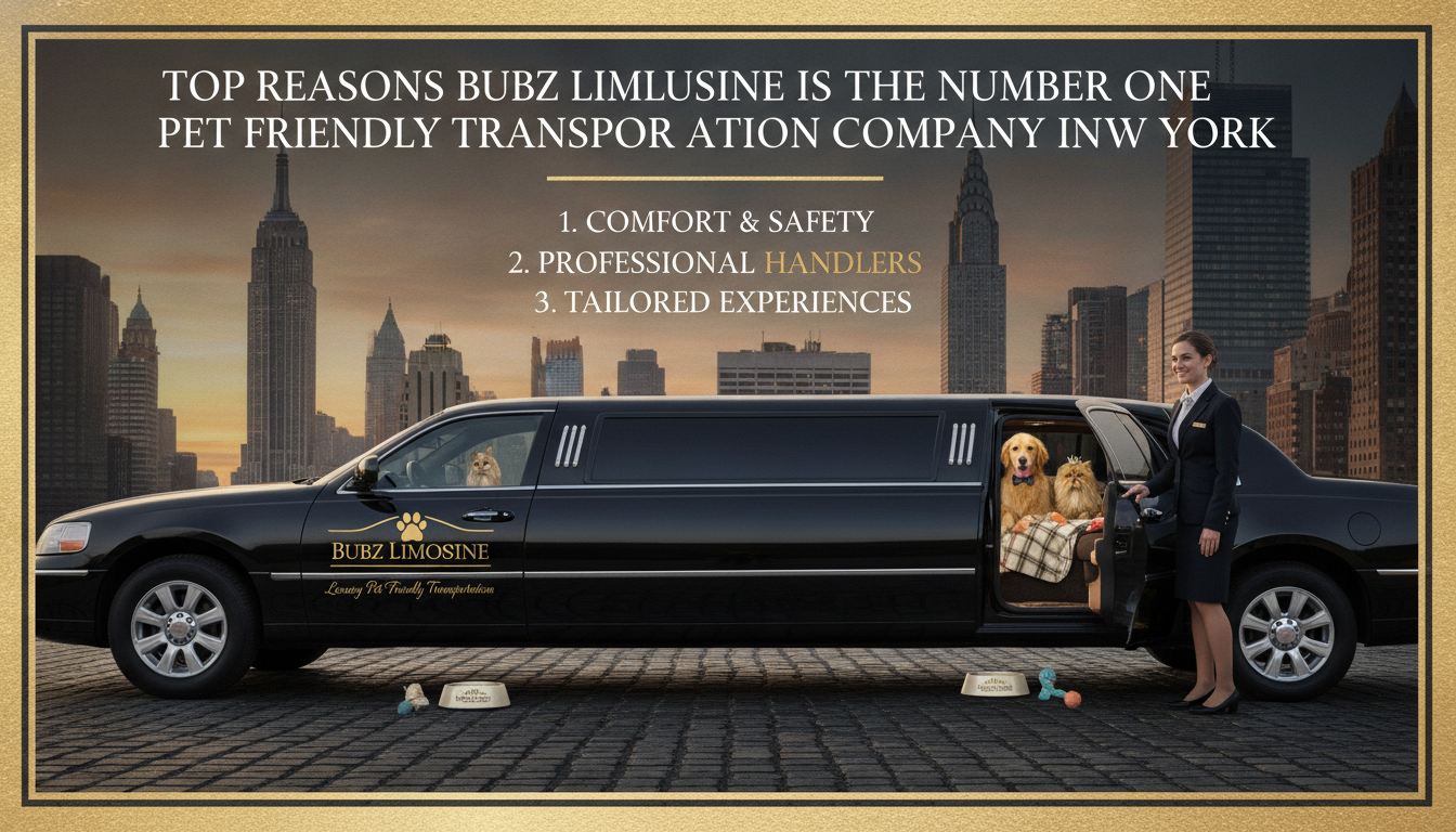 Pet-friendly limousine with dogs against New York City skyline