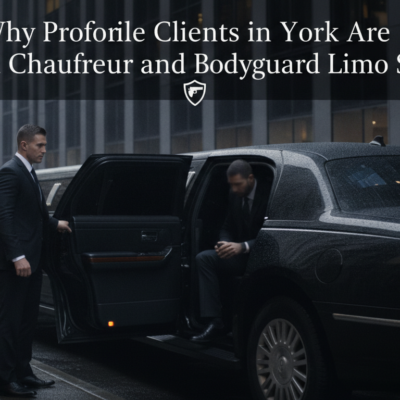 Chauffeurs and bodyguards assist passenger from limousine in York