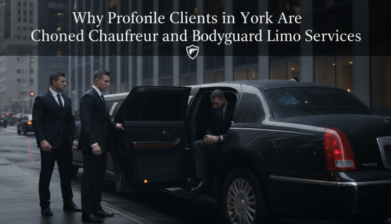 Chauffeurs and bodyguards assist passenger from limousine in York