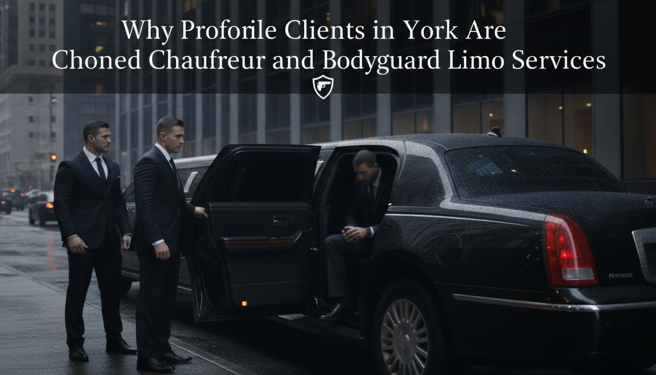 Chauffeurs and bodyguards assist passenger from limousine in York
